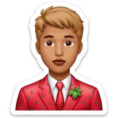 Mn wearing strawberry suit with a sultry look and lip bite sticker