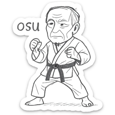 Make the Kyokushin karate fighter older with visible age lines and mature features, change the pose to the traditional 'osu' position, keep the white suit, black belt, and the word 'osu' in the same hand-drawn style. sticker