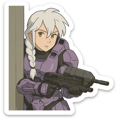 female, wearing reach spartan armor default, long white braid hair with massive messy front side single bangs, gold yellow eyes, attention pose, HALO:series, no helmet, the armor is lavender color scheme, shoulder pad off. DDD bust size fitting. Punk gothic cyberpunk, peeking around a corner while aiming a classic HALO1 AR sticker