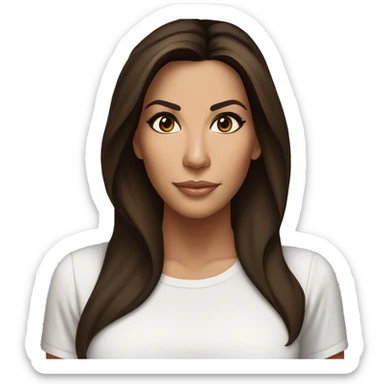 3/4 face, contrasted, shadow, light, Eva Longoria expression, thin nose, brunette woman, hazel eyes, long eyelashes, dark shoulder shaded hair, white t-shirt sticker