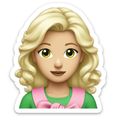 platinum blonde with green eyes wearing a pink bow with green shirt sticker