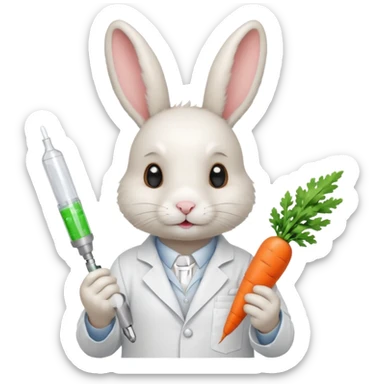 ​​White bunny in lab coat holding carrot syringe.







 sticker