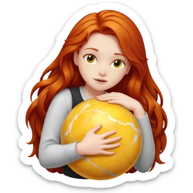 Happy long haired redhead hugging big yellow marble sticker