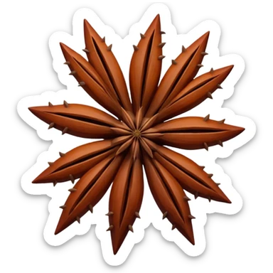 a pair or single star anise, whole, rich reddish-brown, eight sharp arms, star-shaped, smooth glossy segments, visible seeds, woody and crisp, no bowl or herbs, soft lighting, transparent background, emoji scale sticker