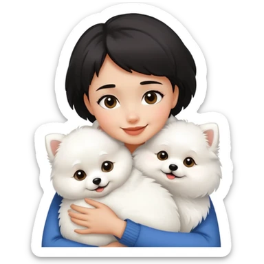 A black short-haired girl happily hugs a white Pomeranian sticker
