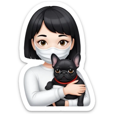 girl with short black straight bangs hair wearing a white mask and hugging a black French bulldog sticker