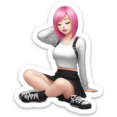 Full body Front view curvy emo girl pink hair sits on the floor straight view hands up black skirt белые трусики полосатые рваные чулки sticker