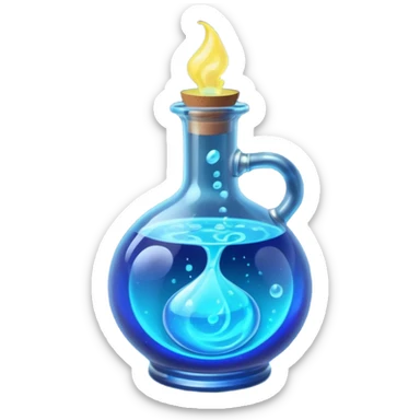 glowing blue neon magic potion, in a round glass bottle, tilted slightly sticker