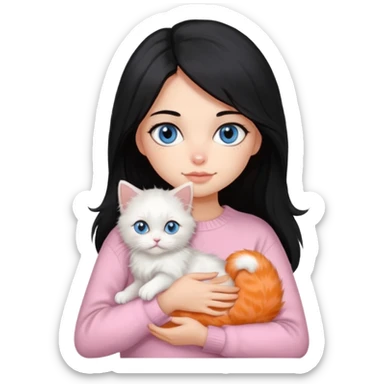 Girl with mid long black hair in soft pink sweater holding A 2-month-old Persian-Angora mix kitten with blue eyes and mostly orange fur with white patches cat sticker