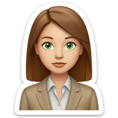 Adult woman avatar, light skin tone, oval face, straight long brown hair, green eyes, neutral mouth, business casual  sticker