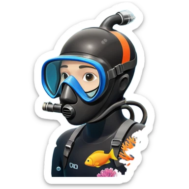 An icon featuring a close-up of a freediving mask and snorkel, with a breath-holding diver's fins, set against a vibrant underwater world. The design includes coral reefs, fish, and bubbles, symbolizing the serene beauty and thrill of freediving. Transparent background highlights the calm sticker