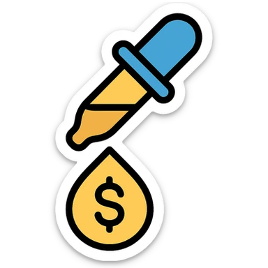 colored icon of a pipette at the top of a golden drop with a dollar sign inside the drop sticker