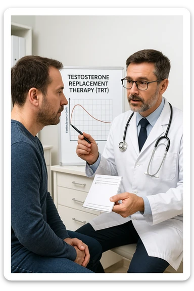 a man in his 40s sits in a doctor’s office, listening attentively as a physician explains TRT (Testosterone Replacement Therapy). The doctor holds a prescription pad and points to an educational chart showing testosterone levels. The mood is professional and informative, with a clean, clinical background. in italiano sticker