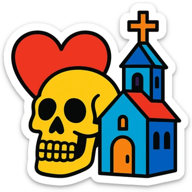 vibrant toon style heart, skull, and church together, no background sticker