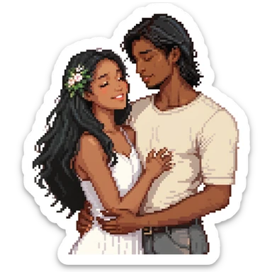 An emoji of a happy couple, the woman has long black hair and a light brown skin tone, while the man has short black hair and a white skin tone. They are in a romantic pose, expressing love and joy with warm facial expressions and affectionate gestures. sticker