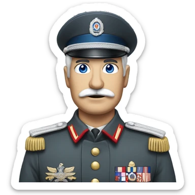 an old military general with grey military chilean uniform, grey military hat, white moustache, blue eyes sticker