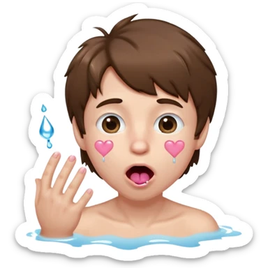 Pale Boy with shaggy brown hair, pink heart shaped eyes looking up , mouth open , water drop dripping from lips, hand grabbing at face  sticker