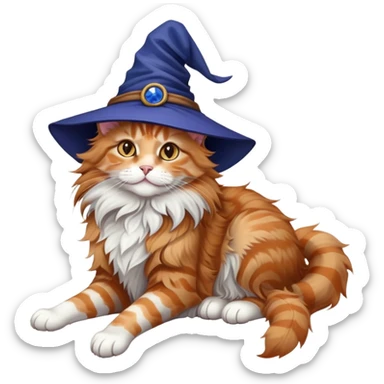 full body Maine coon ginger tabby cat flopped over on her back wearing an indigo witch hat sticker