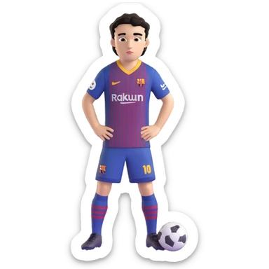 young male footballer with short curly black hair, brown eyes, confident look, in FC Barcelona kit, oversized eyes, smooth shading sticker