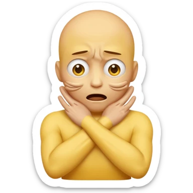 Yellow face emoji strangling itself with 2 arms crossed and hands saround neck and eyes looking up in fear sticker