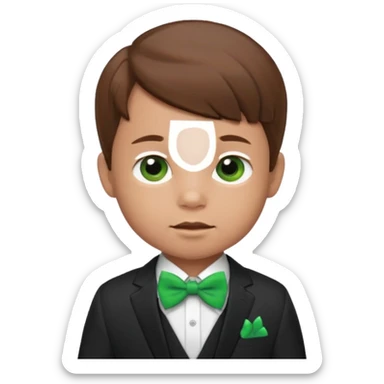 baby cute boy, brown hair in suit, with green bow sticker