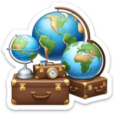 An icon featuring a suitcase, a hotel bell, and a globe, symbolizing tourism and hospitality. The design includes a scenic landmark, like a mountain or beach, and a check-in desk, representing travel and accommodation services. Transparent background sticker