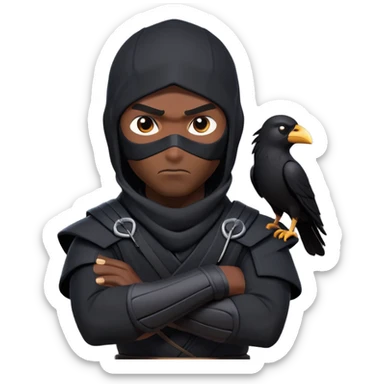 clash-of-clans-aesthetic_-cinematic-mysterious-male-ninja-portrait-emoji, rendered in a flat, vector-style with minimal shading and bold, simplified shapes, with a head slightly turned revealing intense, focused eyes. the ninja has his arm out and perched on top of his forearm is  a  giant black crow sticker
