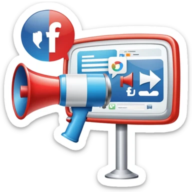 An icon featuring a megaphone, a billboard, and social media icons, symbolizing advertising and public relations. The design includes a press release and a rising graph, representing brand promotion and communication strategies. Transparent background highlights media influence and outreach. sticker