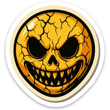 scary creepy emoji with cracks, sharp black outlines, expressive shadows and highlights, no gradients, only sharp color transitions, retro stickers style sticker