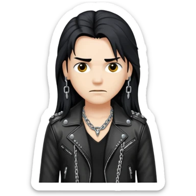 A fan of heavy extreme music, a metalhead with long black hair, rivets in chains on a leather jacket sticker
