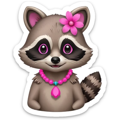 A playful raccoon wearing a neon-pink flower necklace, looking festive. sticker