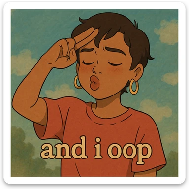 and I oop, slay energy, emoji with fingers to forehead like salute, "and i oop" meme, puckering lips, looking down, lowkey embarassed but still cool sticker