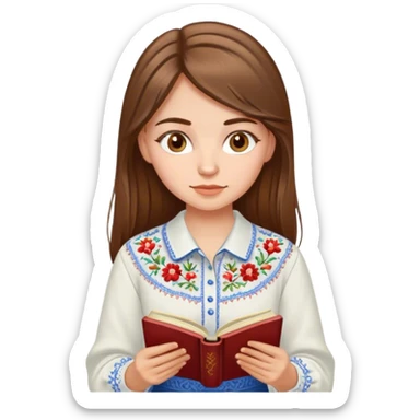 A Ukrainian girl with brown hair in an embroidered shirt reads a book sticker