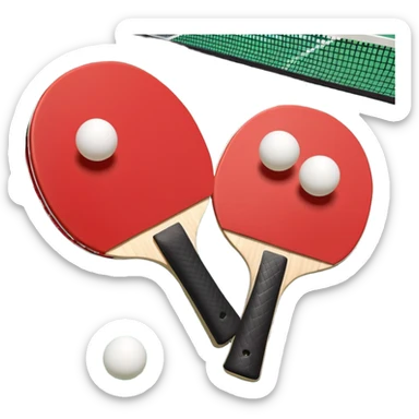 Two table tennis paddles and a ball placed on a ping pong table, with the net in the background. The scene conveys the simplicity and focus of the sport, with vibrant colors highlighting the rackets and ball on the smooth surface of the table. sticker