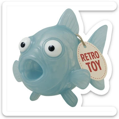 Add a retro toy tag on the fin. Make the body see-through, semi-transparent plastic with a blue tint. Eyes going opposite ways, looking straight at the camera. No background. Hyper-detailed, soft plastic 90's toy look, soft reflections, soft and squishy, some cloudiness, not shiny, highly detailed, appealing. Style: soft plastic 90's toy look. sticker