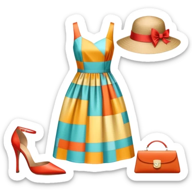 Icon for Fashion Design: a pattern of a bright, beautiful dress with measurements, a ruler, and pencil, along with a hat, shoes, and a handbag. The icon should represent fashion design with attention to detail and style. Transparent background. sticker