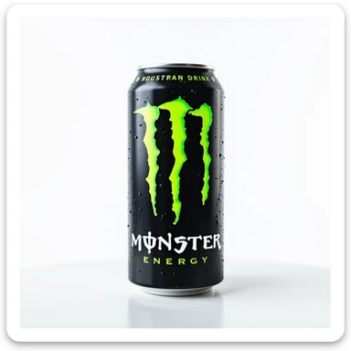 photorealistic monster energy drink can on a white background with metallic texture, neon green logo, condensation droplets sticker