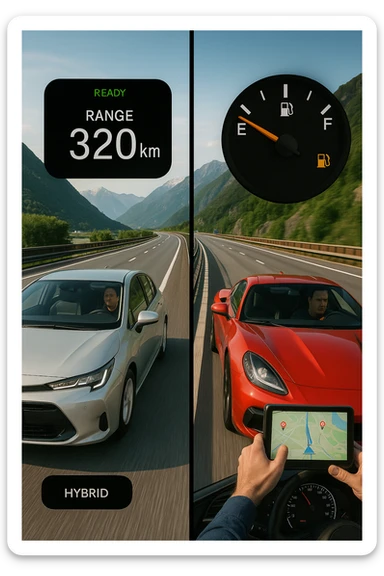 "Split screen highway scene: left side fuel-efficient hybrid car smoothly cruising at optimal speed with digital display showing remaining range 320km, serene driver with relaxed expression; right side gas-guzzling sports car speeding aggressively with fuel gauge rapidly dropping toward empty, stressed driver checking gas stations on GPS, Italian autostrada stretching endlessly ahead, mountain landscape backdrop" sticker