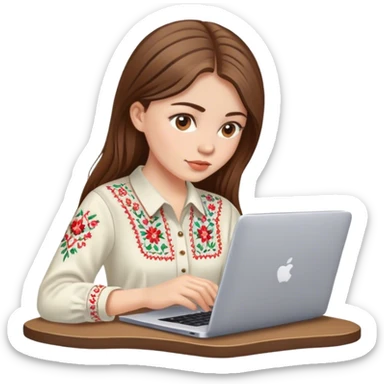 A Ukrainian girl with brown hair in an embroidered shirt works at her laptop sticker
