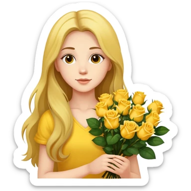 Beautiful girl with long hair holding a bouquet of yellow roses sticker