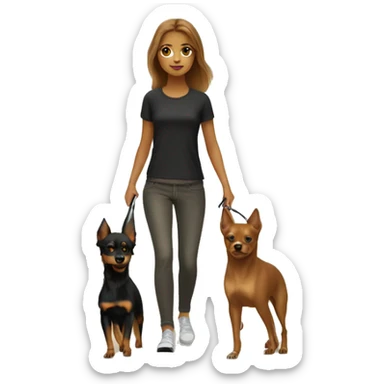A light brown haired girl, walking one mini black and tan miniature Pinscher and one very big, fluffy & light brown Spitz on the lead sticker