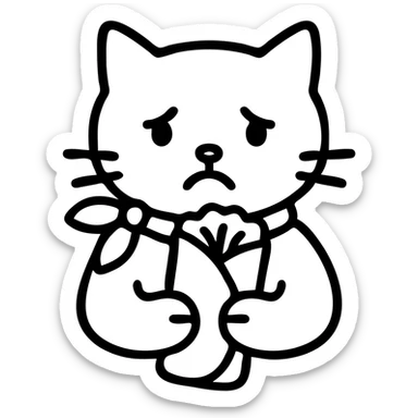 white cat with pink ribbon, sad expression, holding a dürüm, icon style sticker