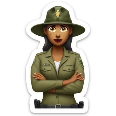 a female drill sergeant character wearing a classic sergeant hat and a camouflage army shirt. The character should have an angry intense expression. full torso sticker