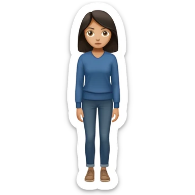 "Cartoon emoji of a woman with long, loose dark hair, wearing plain, simple clothes. Full-height, standing, nervous, unsure, worried expression. Slightly hunched, anxious posture. Smooth, simple, stylized." sticker
