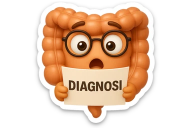 EMOJI STILE IPHONE DI UN INTESTINO CON GLI OCCHIALI CHE LEGGE UN FOGLIO CON LA SCRITTA DIAGNOSI, ESPRESSIONE STUPITA IN VOLTO, IPERREALISTICO 4K sticker