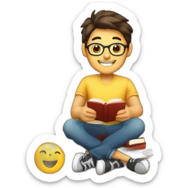 joven estudiante con muchos libros, sonriente y muy feliz con un libro en sus manos y en su cabeza, junto a muchos libros y una lampara sticker