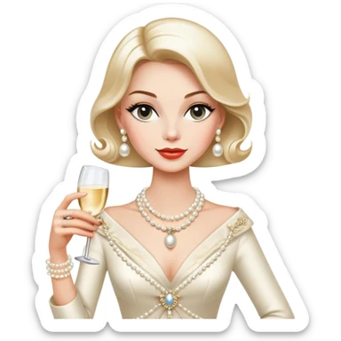 Elegant Western socialite with designer clothes, pearl necklace, champagne glass, luxury lifestyle sticker