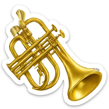 A golden trumpet with a golden mouthpiece. There a ermutig notes coming from the bottom out of the trumpet.  sticker