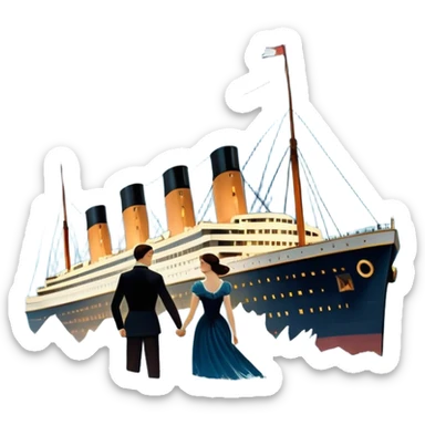 Icon for Titanic Movie: A vintage movie poster-style design featuring a dramatic scene of the ship, the iceberg, and a romantic silhouette of the main couple. Include elements like the ship’s bow, water splashes, and a starry sky in the background. Retro cinematic feel. Transparent background. sticker