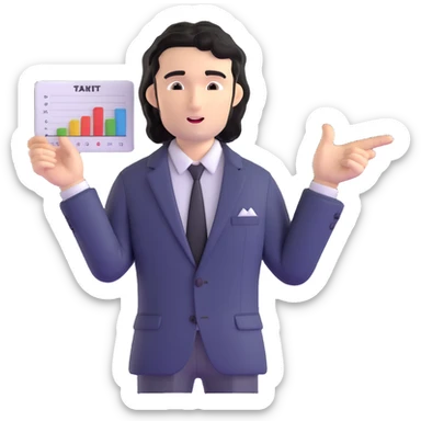 Business strategist man with black wavy hair, stubble, chiseled face, wearing blazer and button-up shirt, standing and pointing at charts while consulting with seated clients, confident leadership expression sticker